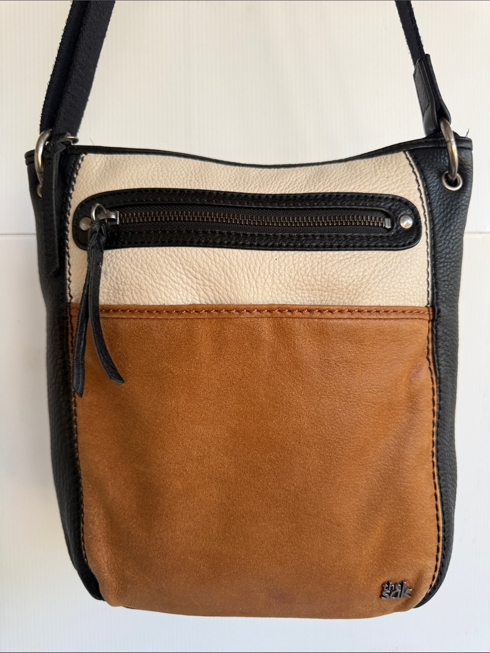 THE SAK LAUREL LEATHER CROSSBODY BAG COLOR BLOCK PURSE BOHO BROWN CREAM BLACK